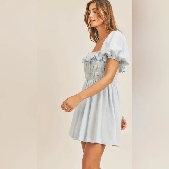 Mable AVA Mini Dress Light blue Puff Sleeve  smocked bodice Women's Size Medium - Picture 4 of 12